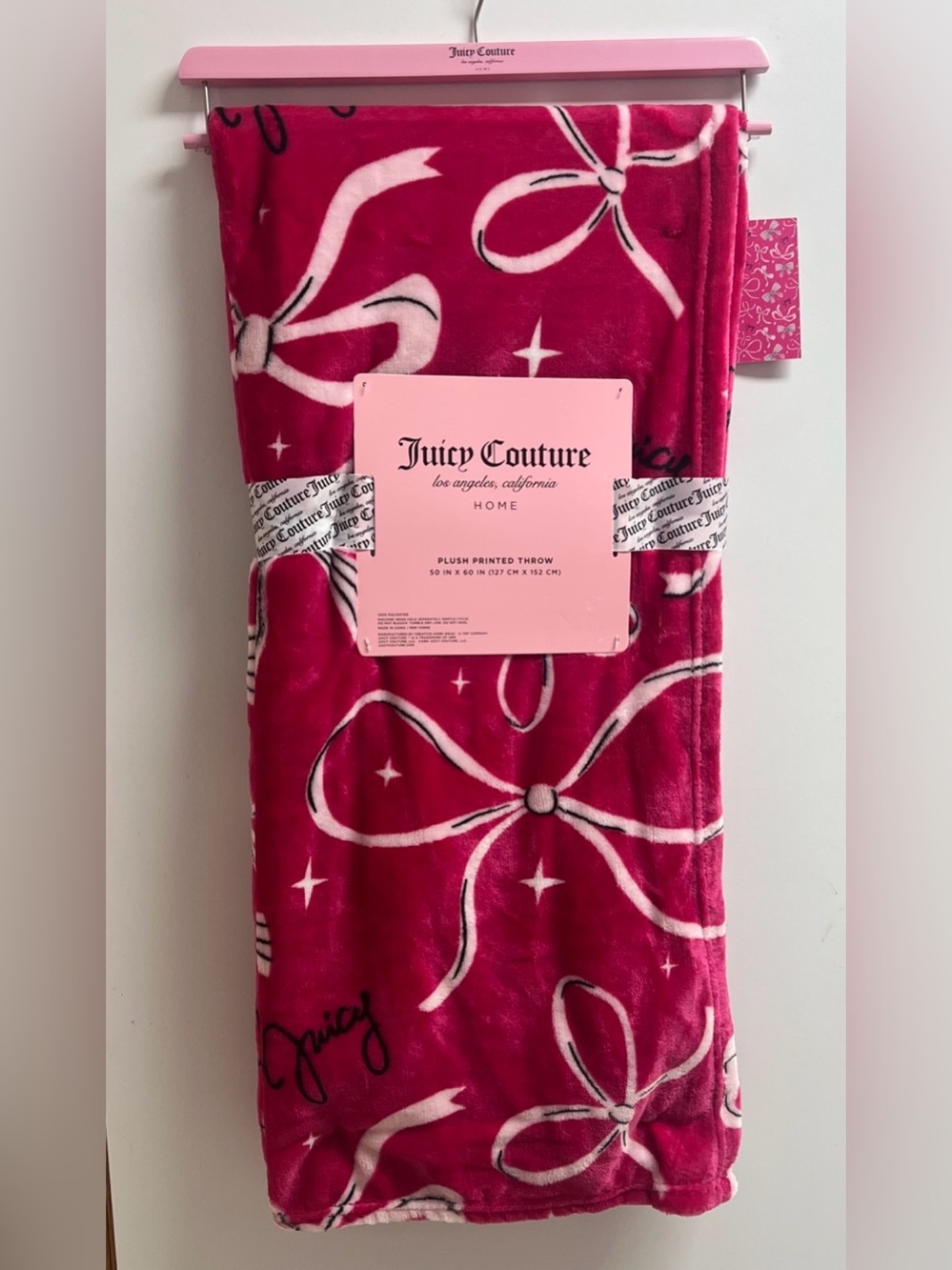 Juicy Couture Hot Pink Bow Motif Plush Throw Blanket 50 in X 60 in